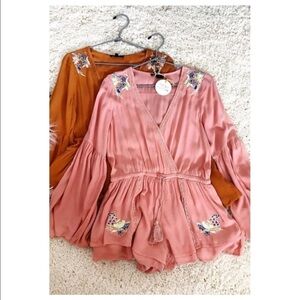 Embroidered Romper with Long Bell Sleeves